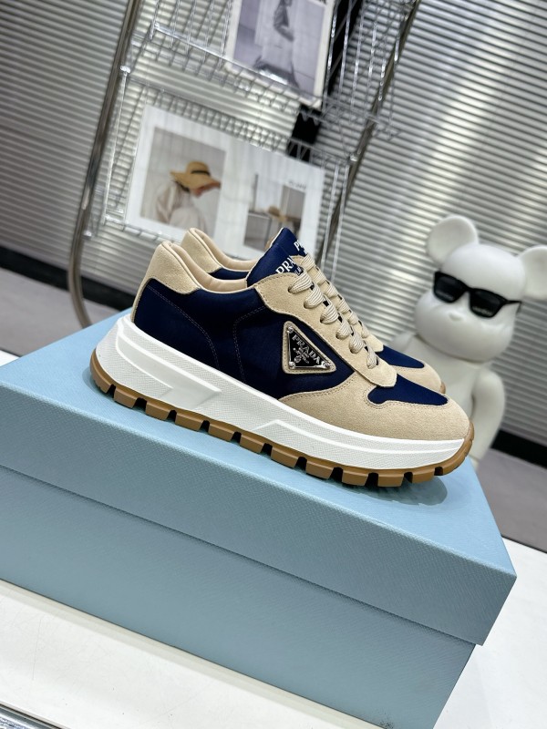 2025 Unisex Prada Blue Beige Suede Leather Sneakers KFY00310