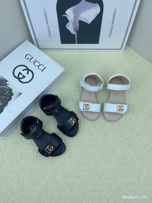 2025 Kids Dolce & Gabbana White Black Leather Sandals DG
