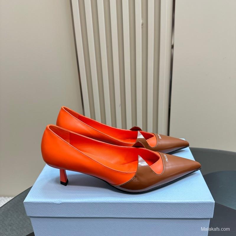 2025 Women Prada Orange Brown Leather Heels KFY00310