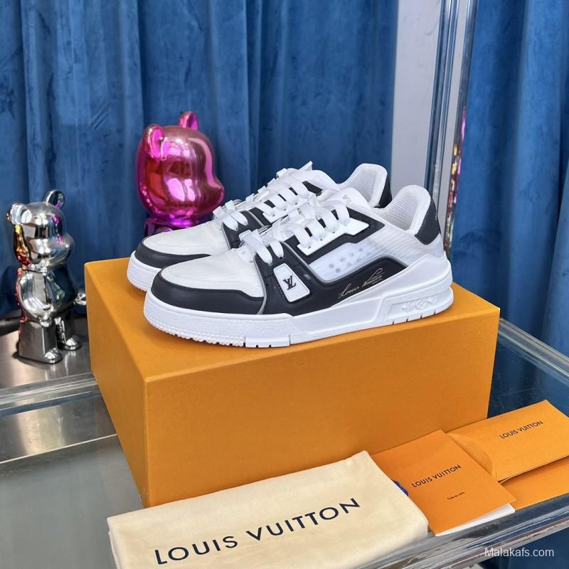 2025 Unisex Louis Vuitton White Black Calf Leather Sneakers LV Trainer