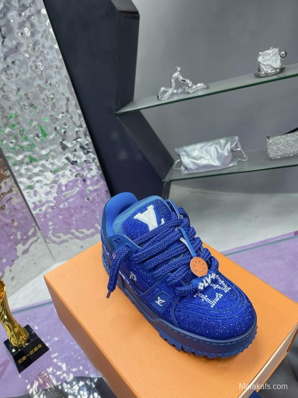 2024 Unisex Louis Vuitton Blue Rhinestone Trainer Sneakers Heat Pressing MJ00430