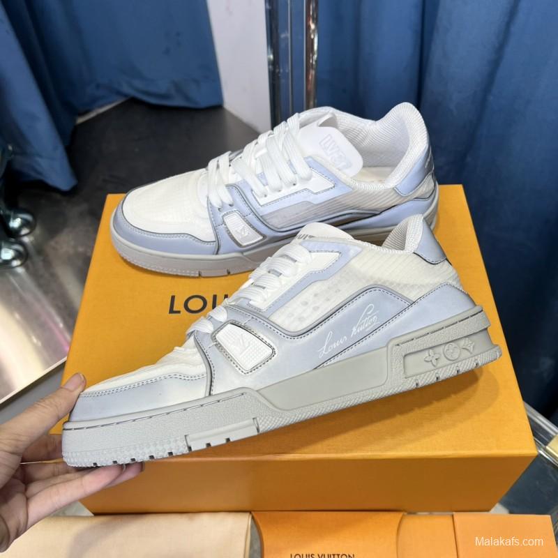 2025 Unisex Louis Vuitton White Light Grey Mesh Leather Trainer