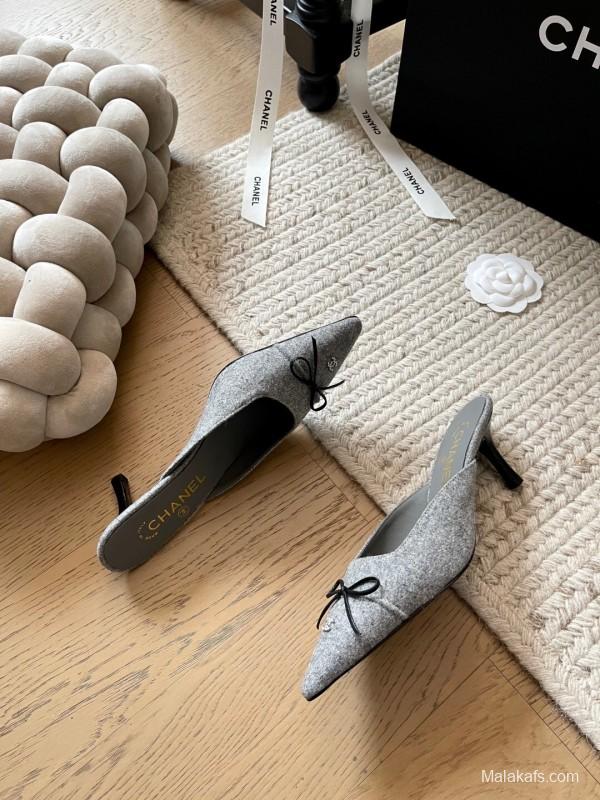 2025 Women Chanel Grey Fabric Pointed Toe Mules KFY00290