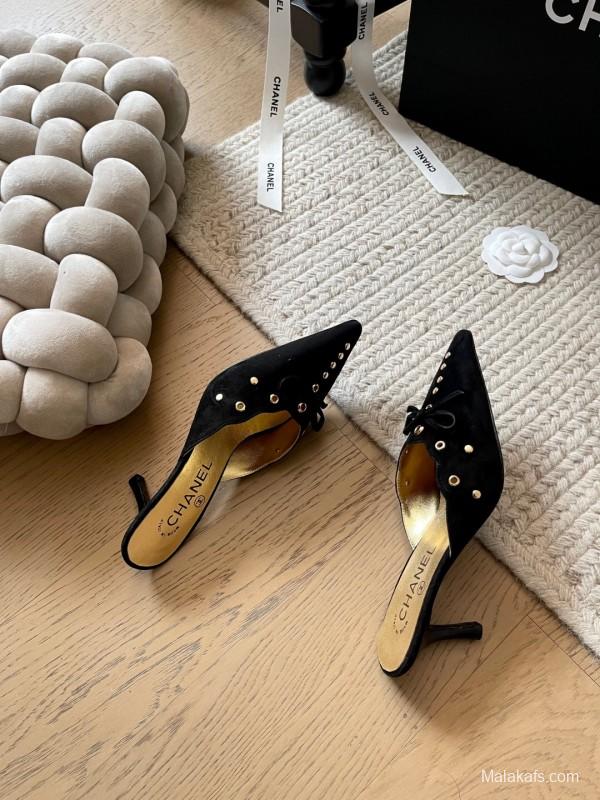 2025 Women Chanel Black Suede Pointed Toe Studded Mules