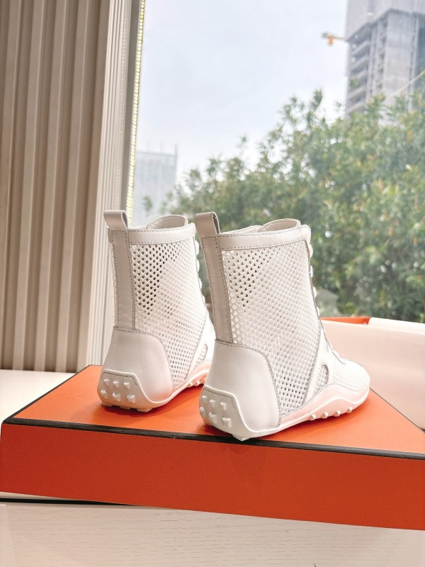 2025 Women Hermès White Leather Mesh Ankle Boots