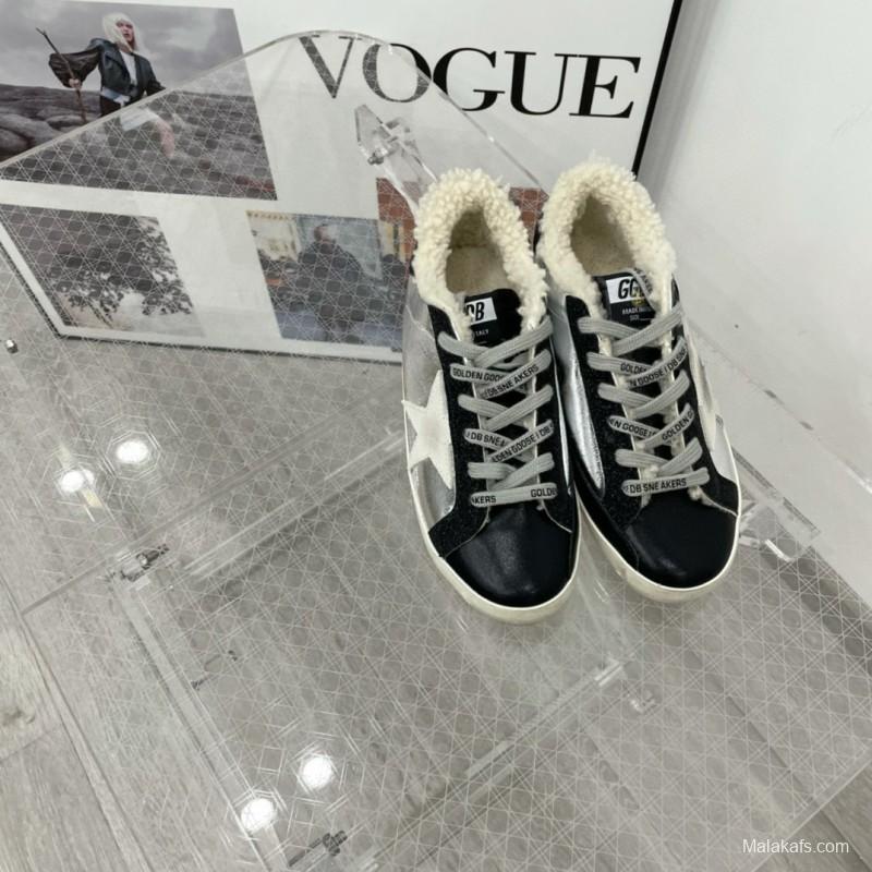 2025 Women GGDB Silver Black Leather Shearling Sneakers