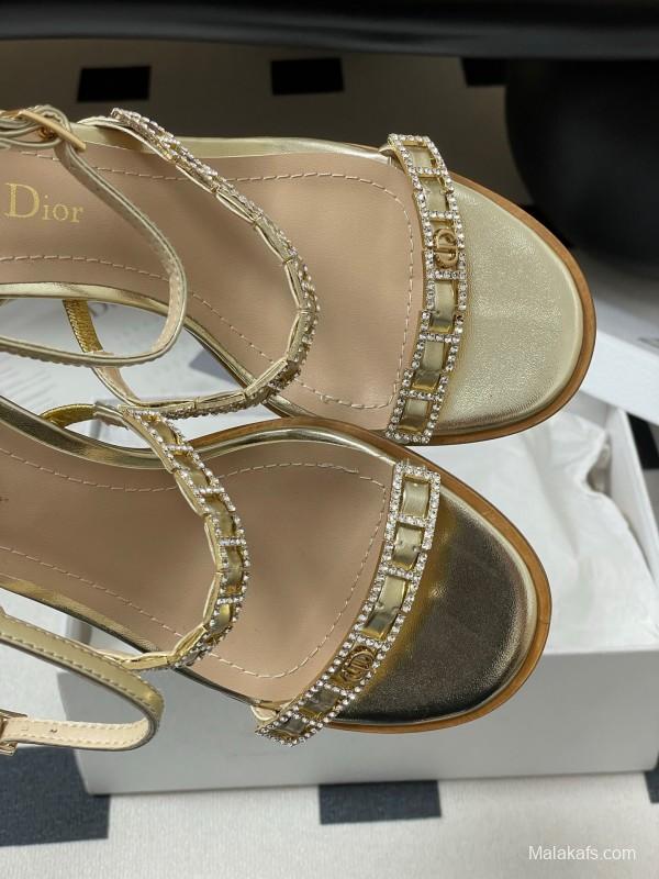 2025 Women Dior Gold Leather Crystal Block Heel Sandals