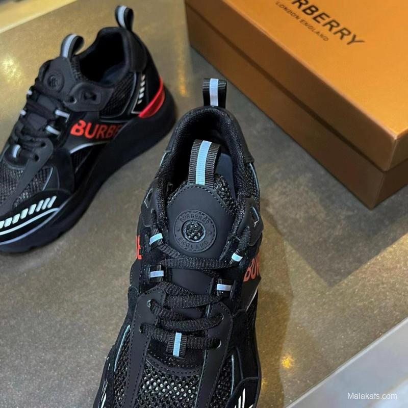 2025 Unisex Burberry Black Red Mesh Suede Leather Sneakers