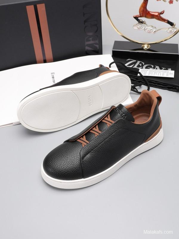 2024 Men Ermenegildo Zegna Black Brown Leather Sneakers MJ00240