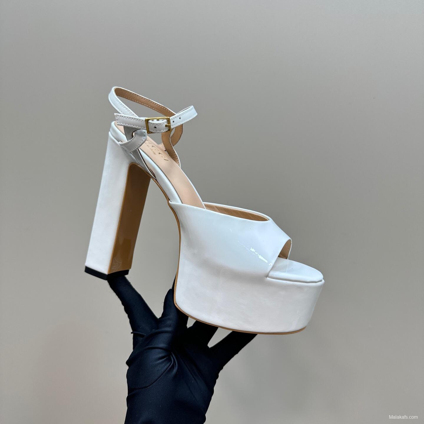 2025 Women Gucci White Leather Platform Sandals