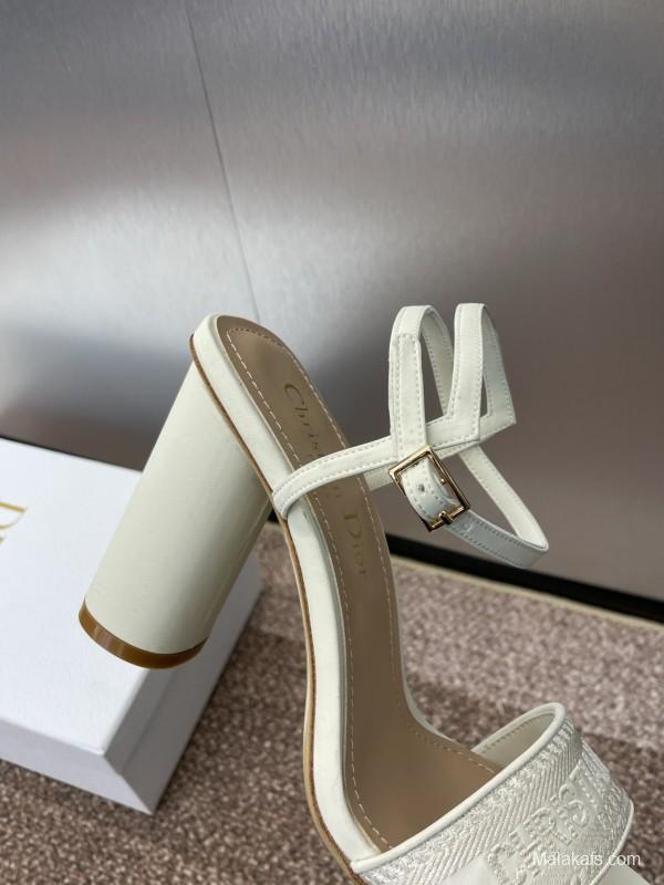 2025 Women Dior White Leather High Heel Embroidered Sandals