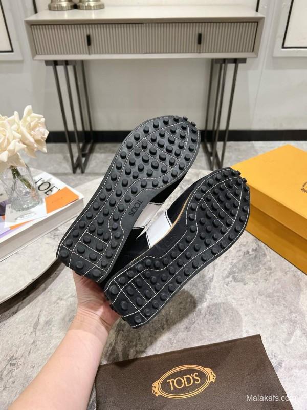 2025 Women TOD'S Black White Nylon Calfskin Sneakers