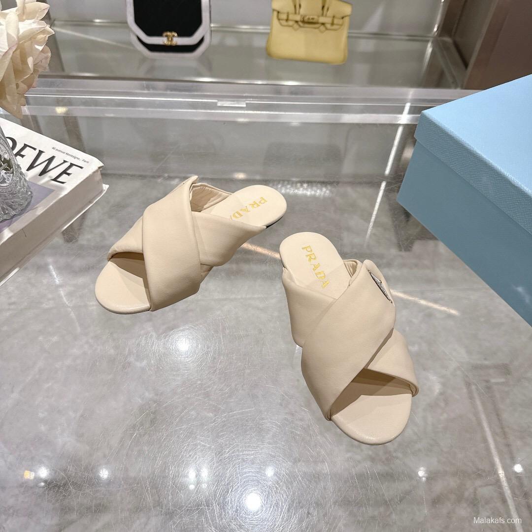2025 Women Prada Cream Leather Slippers