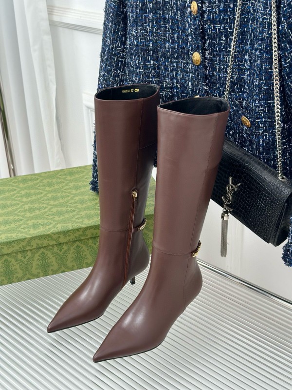 2024 Women Gucci brown calf leather boots chain MJ00550