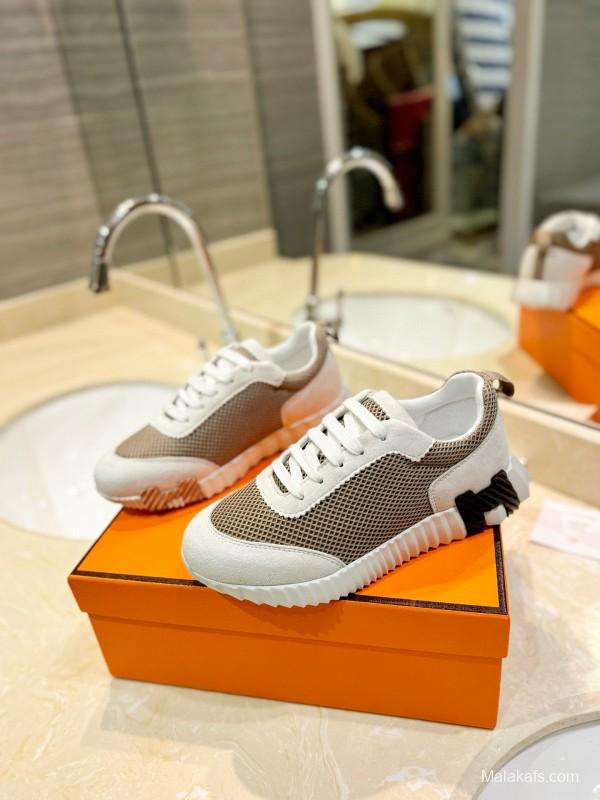2024 Women Hermès beige white mesh leather sneakers