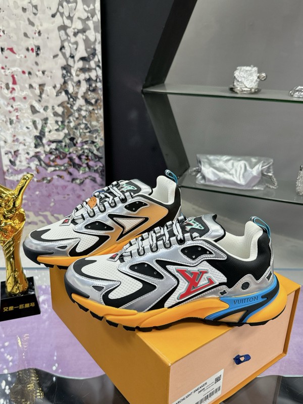 2025 Men Louis Vuitton White Black Blue Leather Mesh Sneakers MJ00420