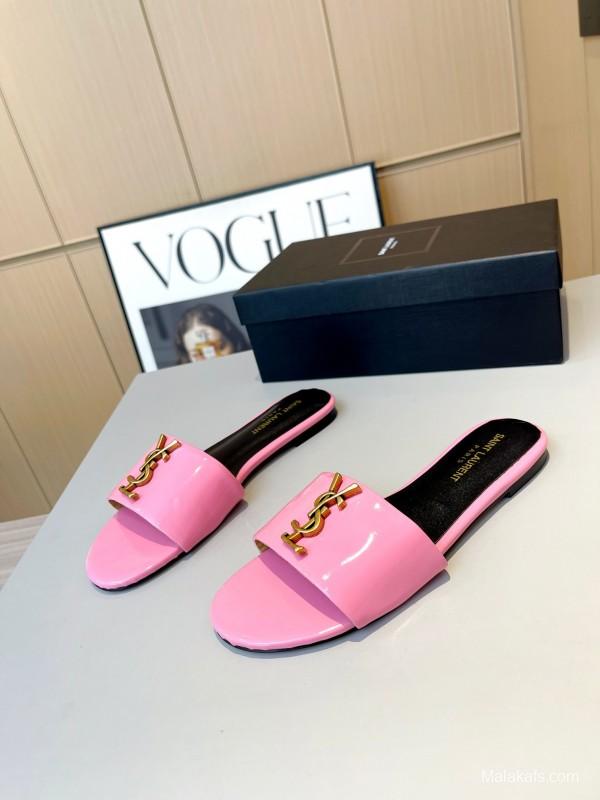 2025 Women Yves Saint Laurent Pink Patent Leather Slippers