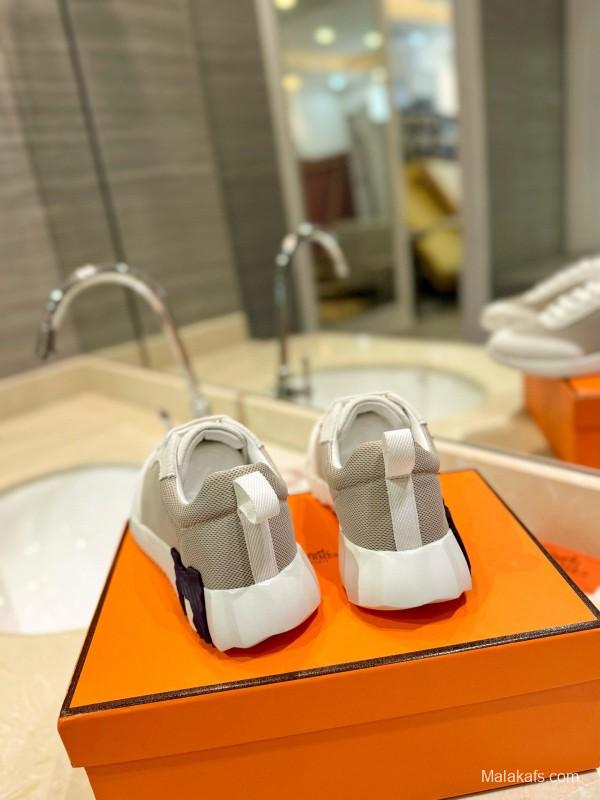 2024 Women Hermès White Beige Mesh Leather Sneakers MJ00320