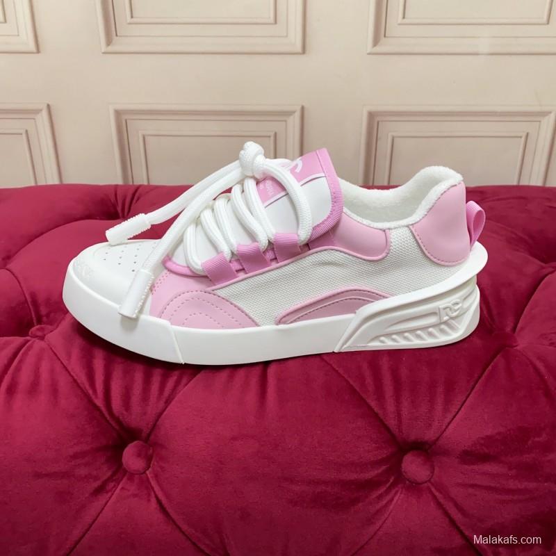 2025 Women Dolce & Gabbana White Pink Leather Mesh Sneakers
