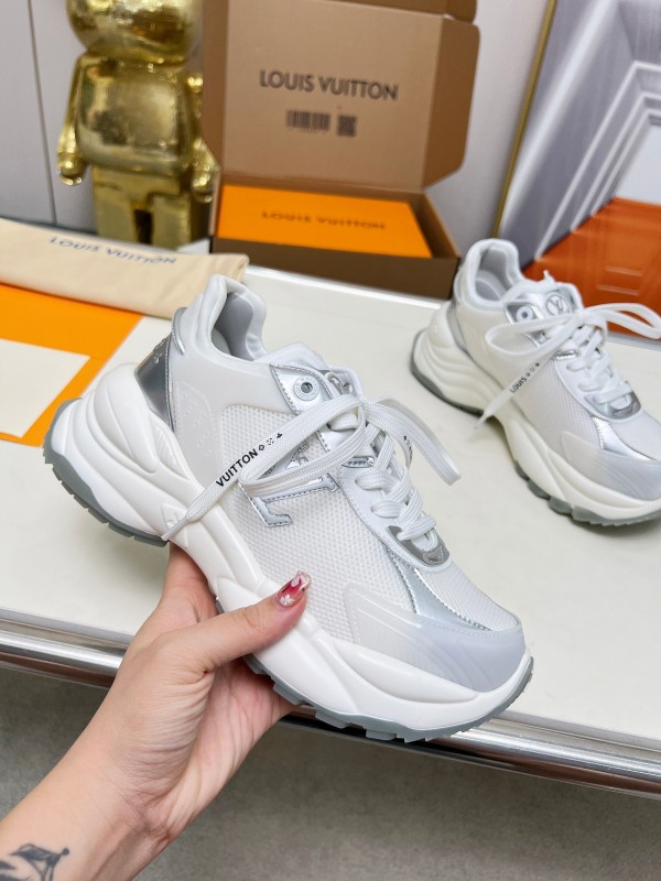 2025 Women Louis Vuitton White Grey Mesh Leather Sneakers LY00340