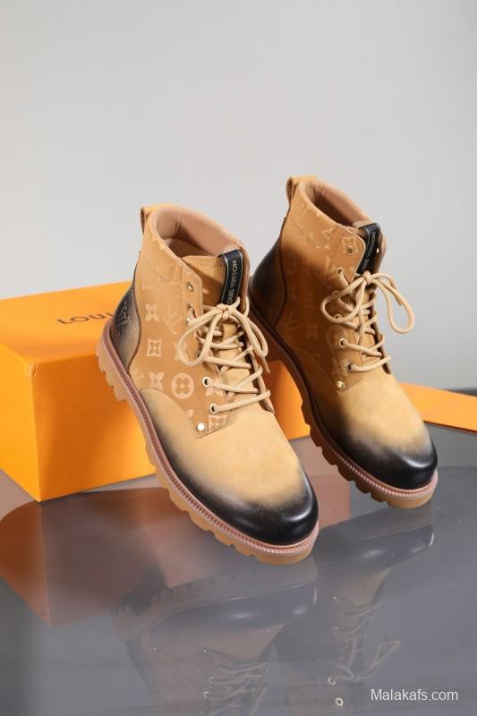 2024 Men Louis Vuitton Beige Black Leather Canvas Boots MJ00470