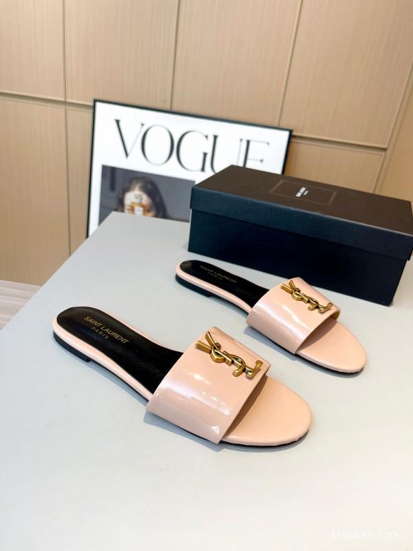 2025 Women Yves Saint Laurent Pink Leather Slippers LY00180