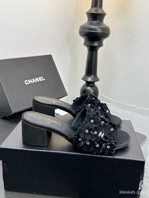 2025 Women Chanel Black Suede Heeled Slippers