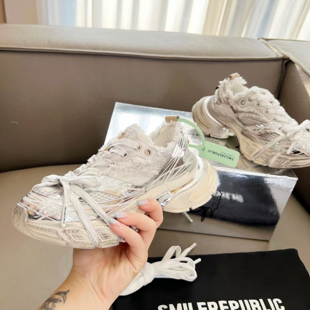 2025 Women Smile Republic White Silver Mesh Leather Sneakers