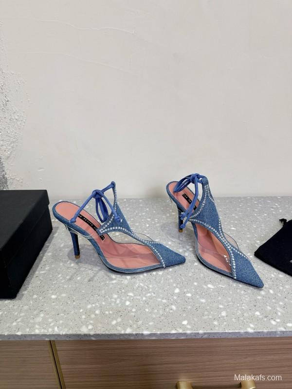 2025 Women Les Petits Joueurs Blue Denim Satin Leather Heels KFY00290