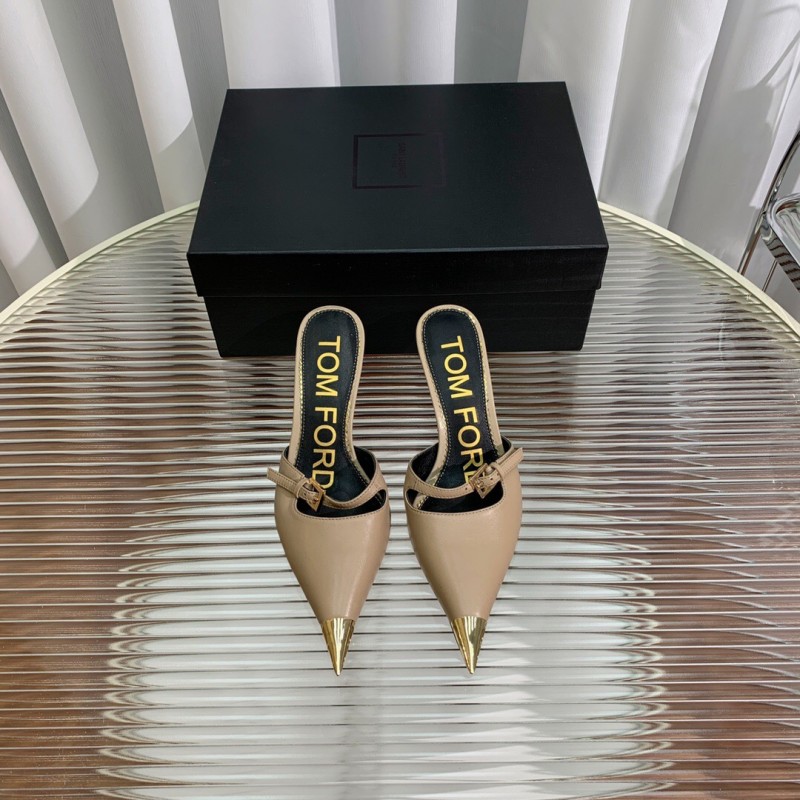 2025 Women TOM FORD Beige Gold Leather Pointed Toe Mules KFY00300