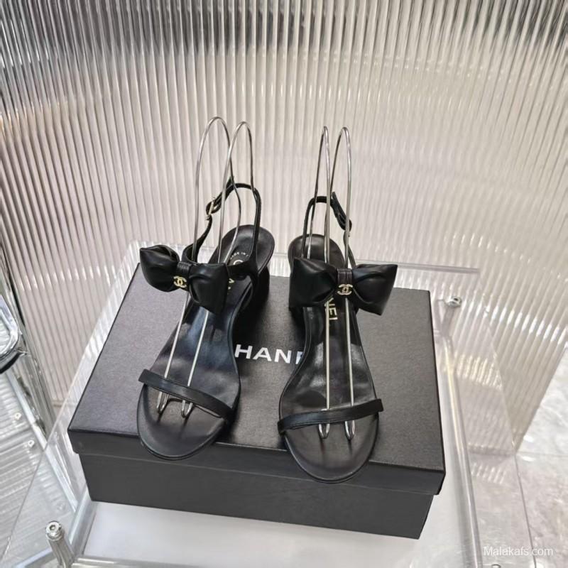 2025 Women Chanel Black Lambskin Bowknot Sandals LY00260
