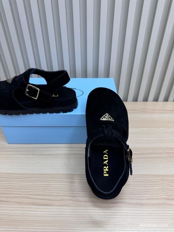 2025 Women Prada Black Suede Sandals LY00280