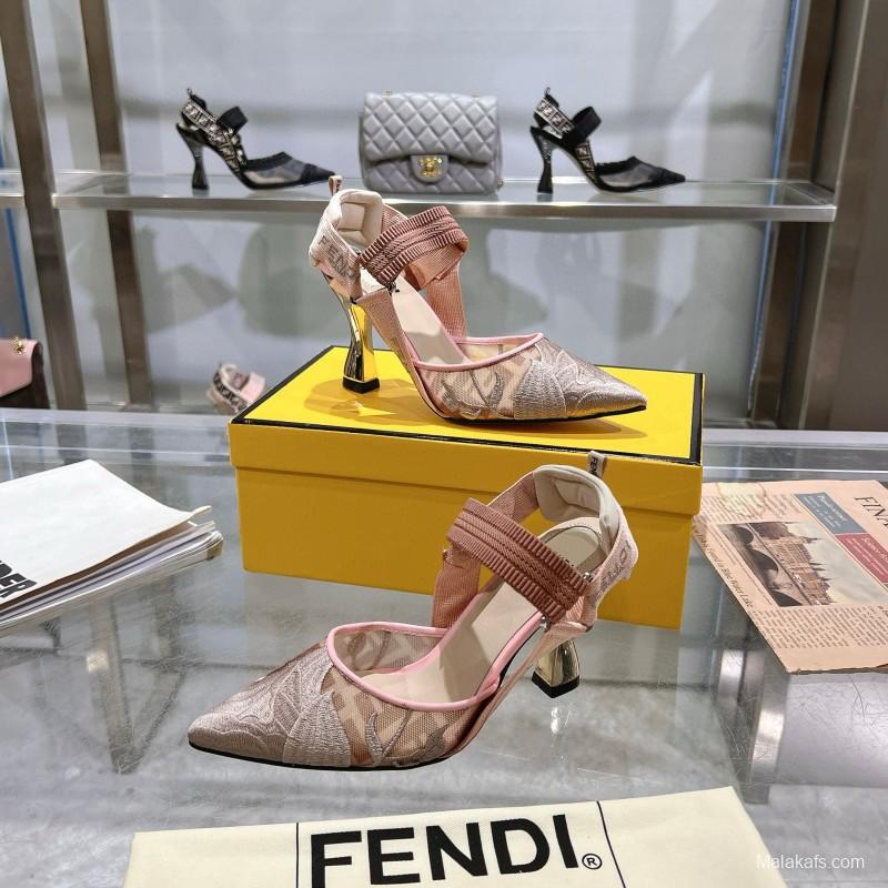 2025 Women Fendi Pink Beige Fabric Leather High Heels