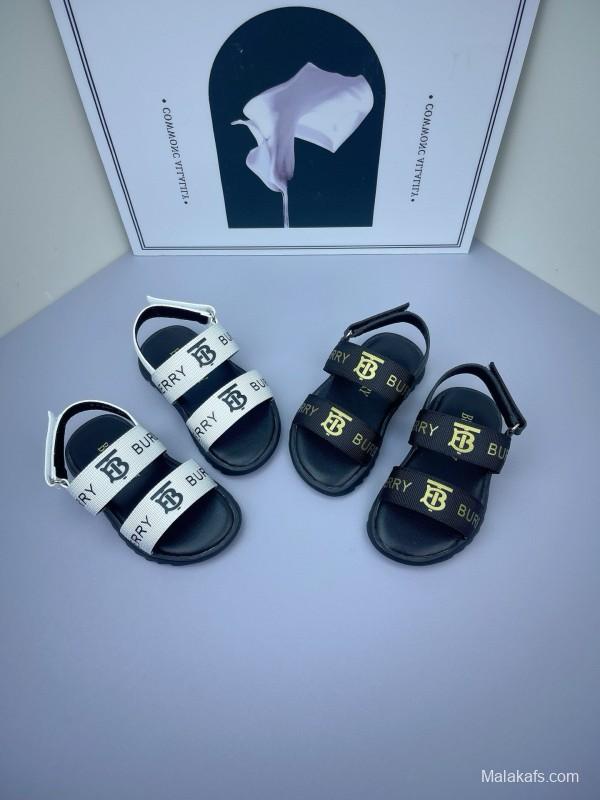 2025 Kids Burberry White Black Leather Sandals