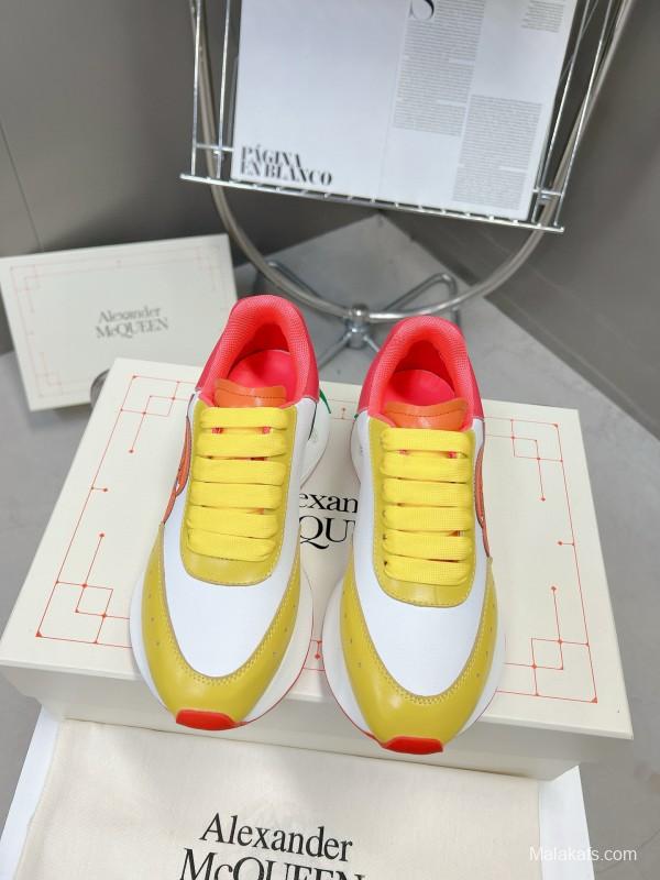 2024 Unisex Alexander McQueen Yellow Green Pink Leather Sprint Sneakers MJ00370