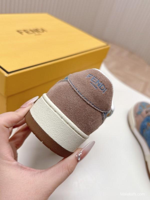 2025 Unisex Fendi Blue Coffee Leather Plimsolls FF Logo LY00360(F)/LY00370(M)