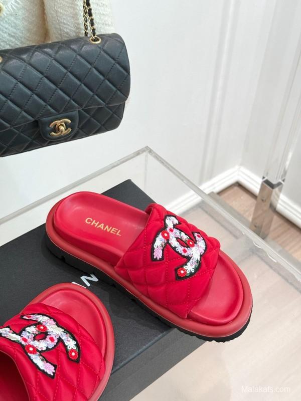2025 Slippers Chanel Red Quilted Sequins Slide KFY00261