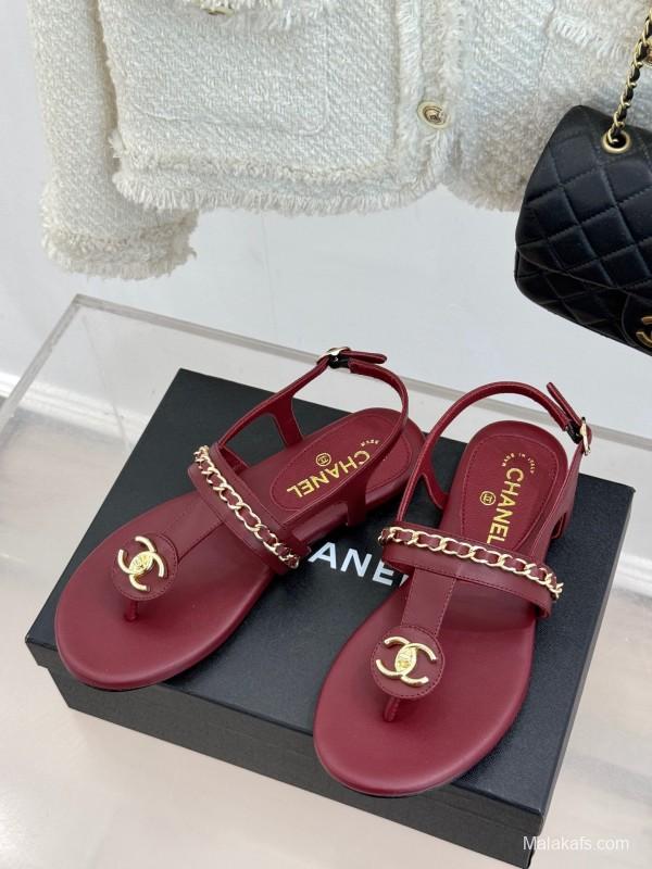 2025 Women Chanel Red Leather Sandals Chain Decoration