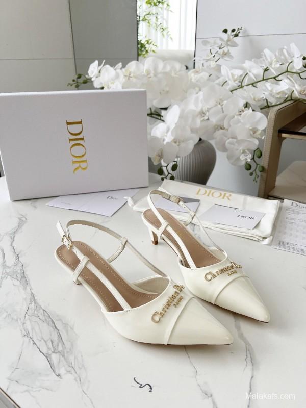 2025 Women Dior Ivory Leather Slingback High Heels KFY00310