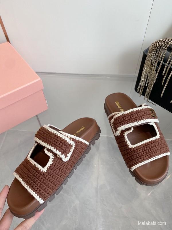 2025 Miu Miu Brown White Crochet Slippers KFY00290