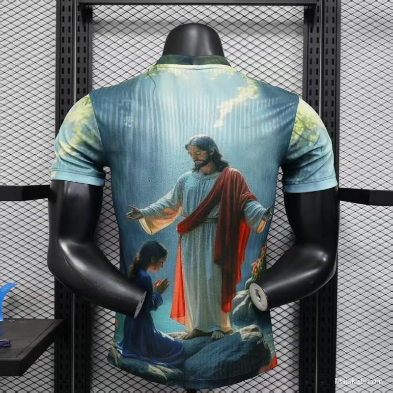 Player Version 2025 Brazil Light Blue with Jesus Christ Religious Artwork Jersey