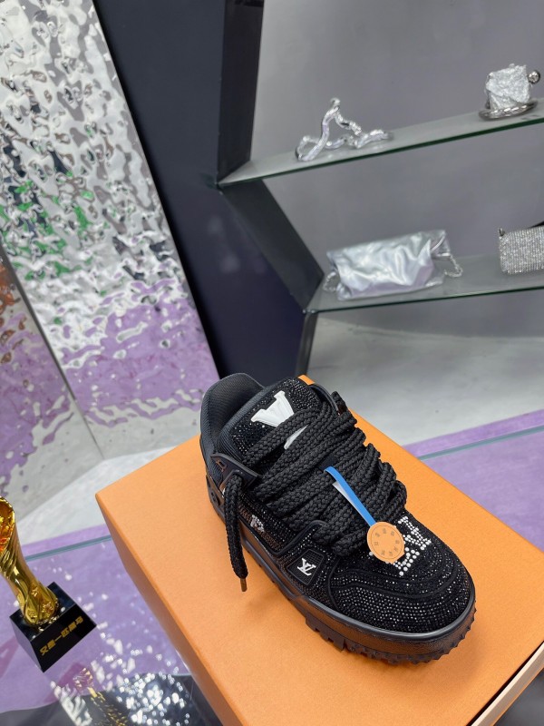 2025 Women Louis Vuitton Black Crystal Trainer Leather Plimsolls Bing Bing AS00420