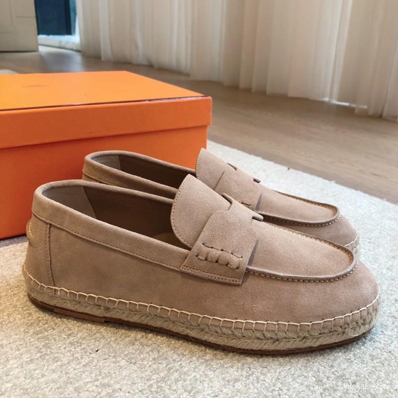 2025 Unisex Hermès Beige Suede Calfskin Loafers AS00380