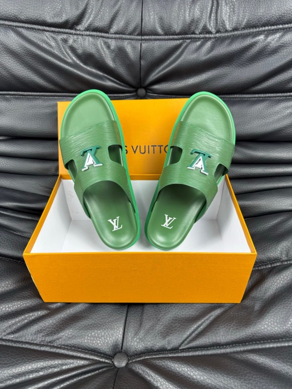 2025 Men Louis Vuitton Green Leather Slippers AS00170