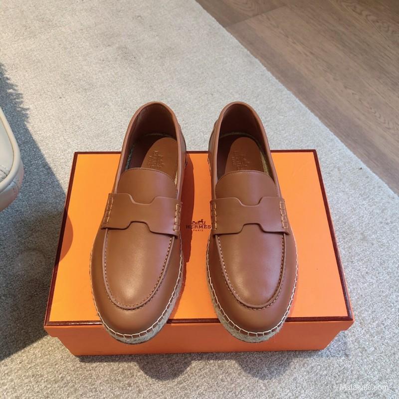 2025 Unisex Hermès Brown Leather Loafers AS00380