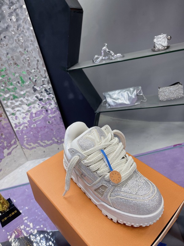 2025 Unisex Louis Vuitton White Crystal Leather Plimsolls Bing Bing AS00420