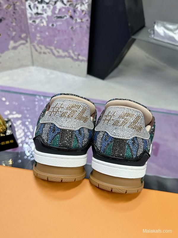 2025 Unisex Louis Vuitton Blue Grey Black Leather Fabric Sneakers Handcrafted Crystals AS00400