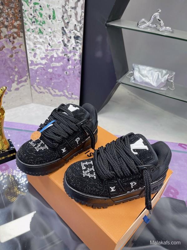 2025 Women Louis Vuitton Black Crystal Trainer Leather Plimsolls Bing Bing AS00420