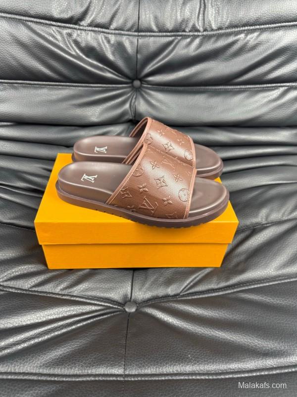 2025 Men Louis Vuitton Brown Leather Slippers AS00170