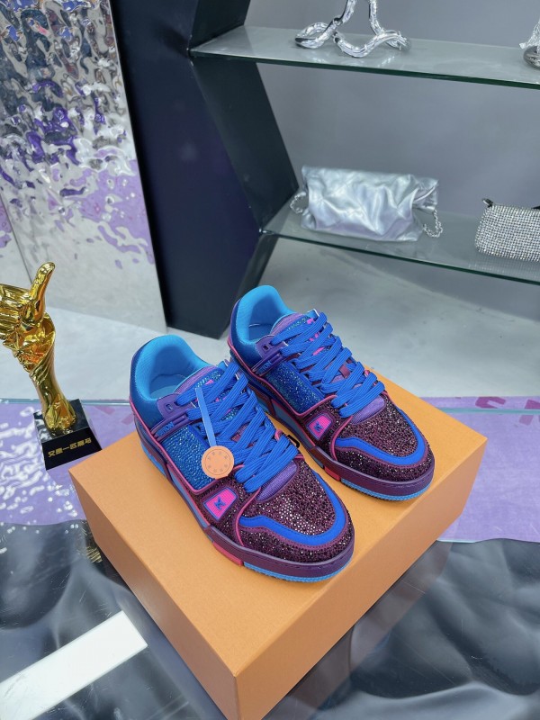 2025 Women Louis Vuitton Blue Purple Leather Fabric Plimsolls Handcrafted Rhinestones AS00400